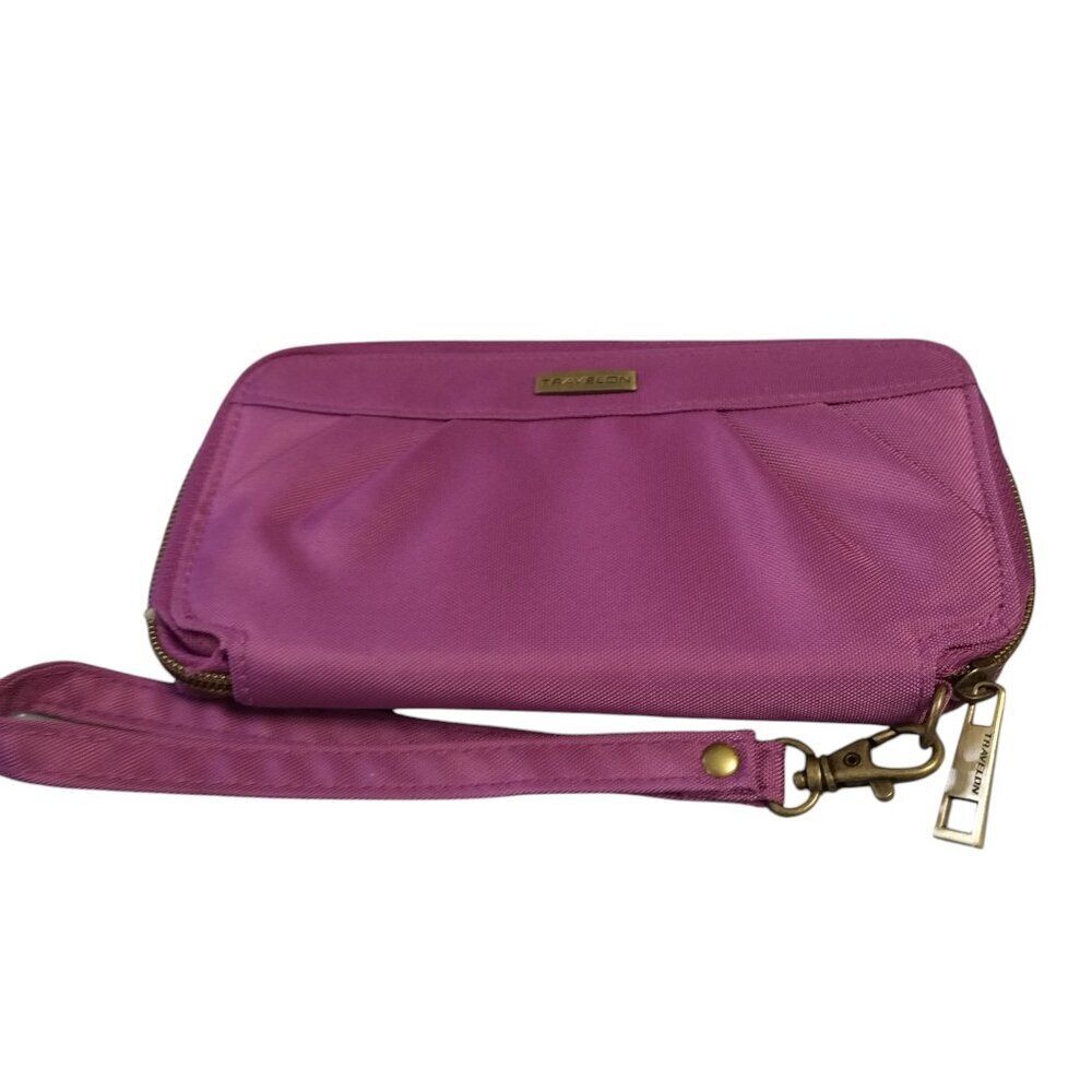 TRAVELON Women's Pink Zip Around Wristlet RFID Blocking Travel Nylon 7.5x4”